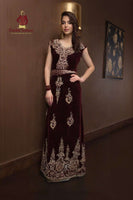 Splendide Robe Algérienne en Velours Bordeaux Brodé Longue Élégante Cérémonie Femme