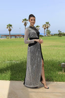 Robe de Soirée Asymétrique Paillettes Argentées Satin Noir Chic Fête Élégante