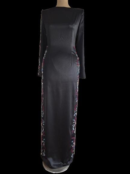Robe de Soirée Luxe en Satin Noir, Broderie Perlée Scintillante Swarovski Unique