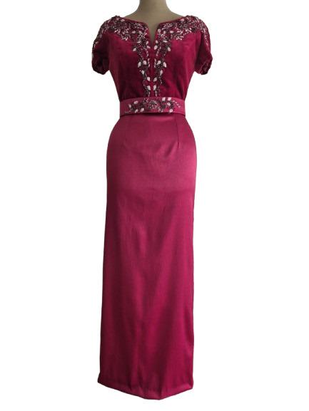 Caftan Algérien Moderne Élégant en Velours Satin, Strass Brodés Main