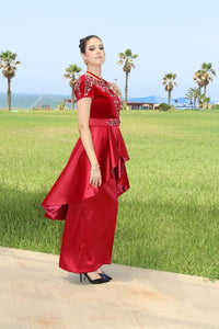 Caftan Algérien Moderne Élégant en Velours Satin, Strass Brodés Main