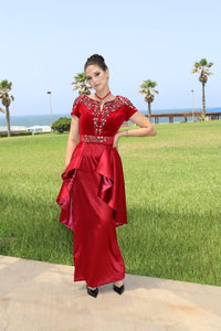 Caftan Algérien Moderne Élégant en Velours Satin, Strass Brodés Main
